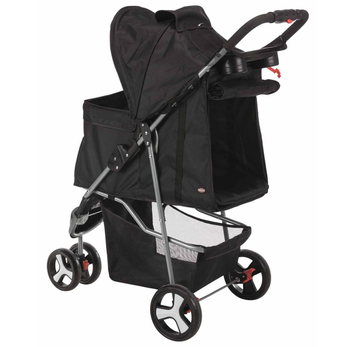 Schwarzer Haustier-Kinderwagen mit Verdeck, Korb und vier Rädern, auf weißem Hintergrund.