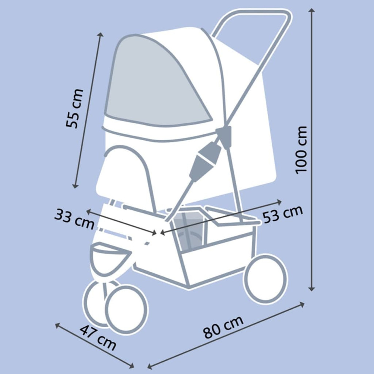Baby-Kinderwagen mit Maßangaben, hellblauer Hintergrund.