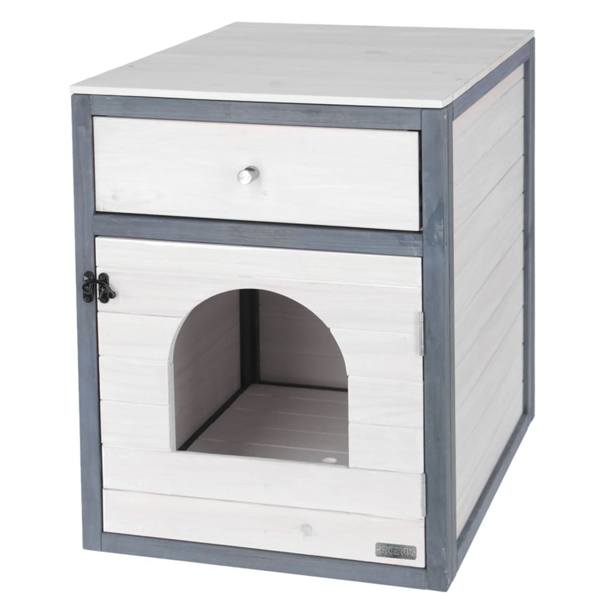 Casa per animali bianca e grigia con cassetto e porta ad arco.