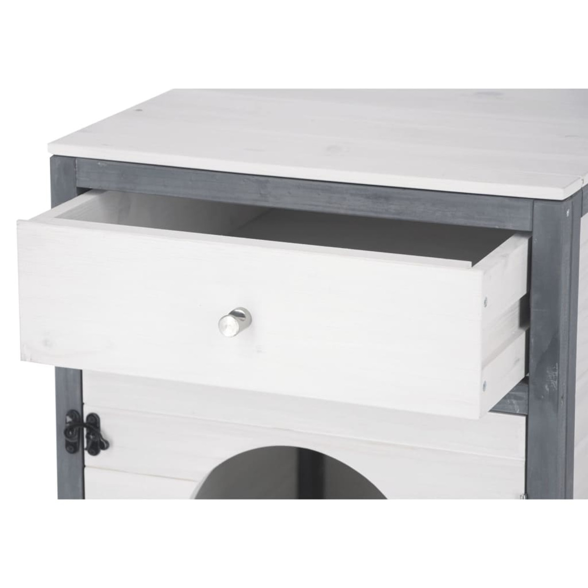 Casa per gatti in legno bianco con cassetto aperto e foro d'ingresso.