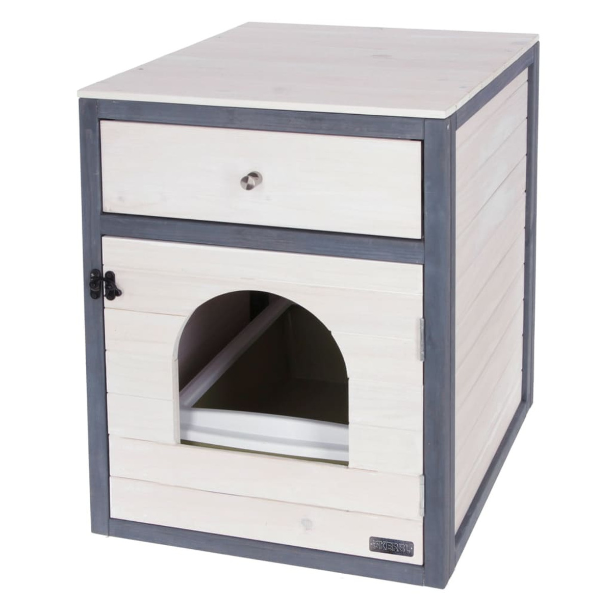Lettiera per gatti in legno con cassetto ed entrata. Ha una combinazione di colori bianco e grigio.
