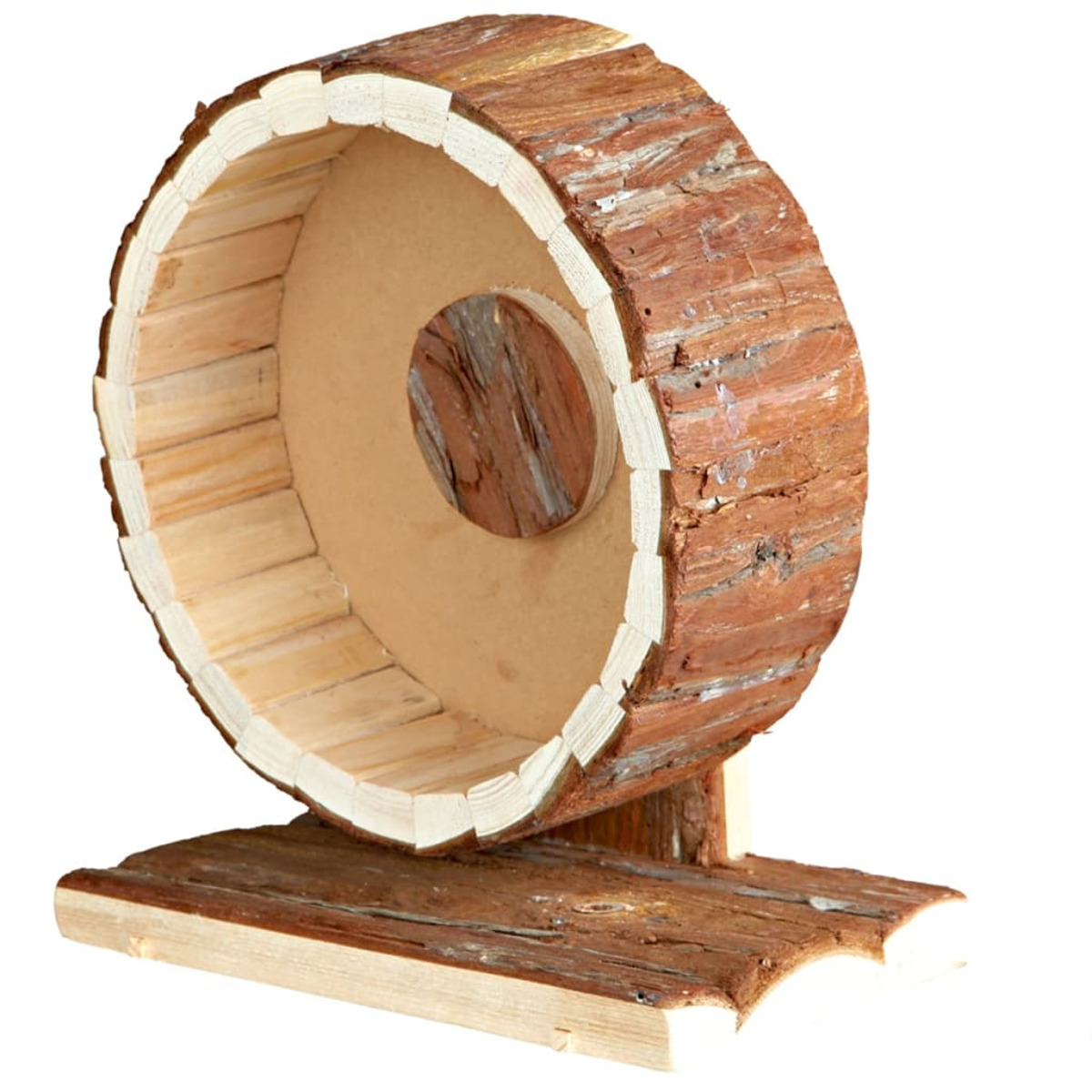Rueda para hámster hecha de madera y corteza. Se apoya en una base de madera.