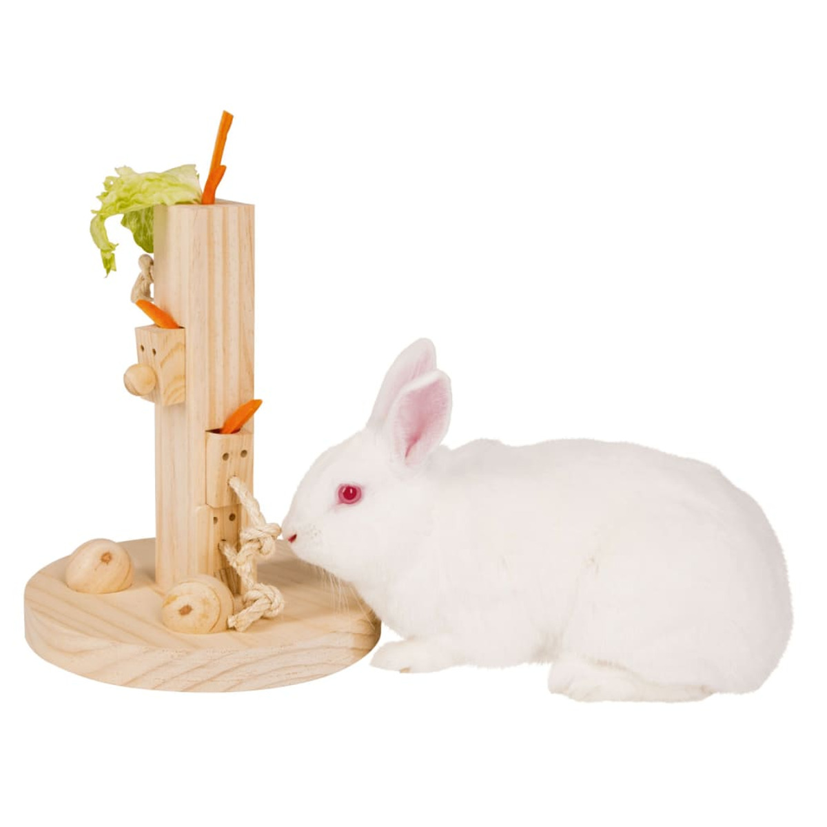 Coniglio bianco che mangia da un giocattolo di legno con verdure. Il giocattolo ha diversi livelli.