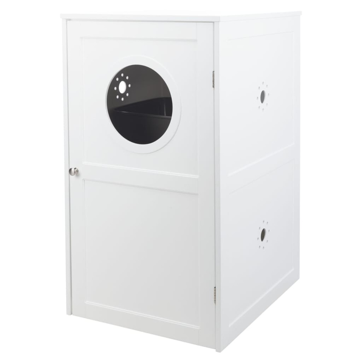 Una casa para gatos blanca con ventana circular y puerta. Dos pequeños agujeros laterales.