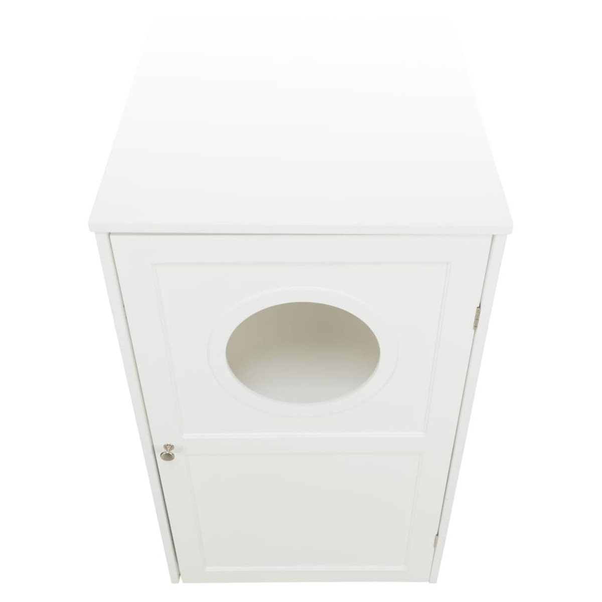 Gabinete blanco con una puerta redonda y un pequeño asa.