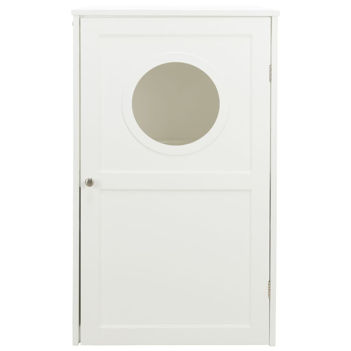 Puerta de armario blanca con una ventana redonda de vidrio en el centro. Una manija plateada está en el lado izquierdo.