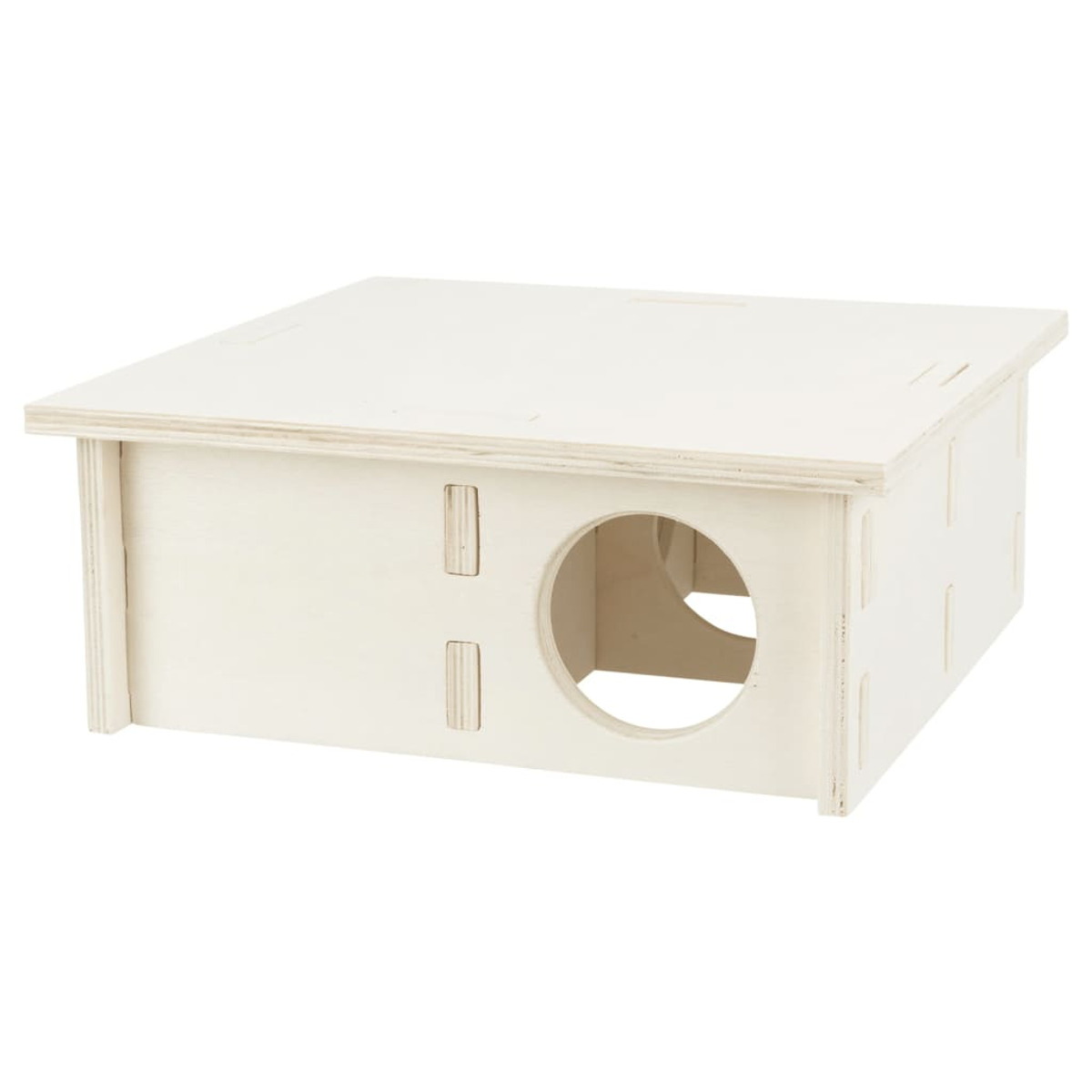 Holz-Hamsterhaus mit rundem Einstiegsloch und flachem Dach. Es ist helles Holz.