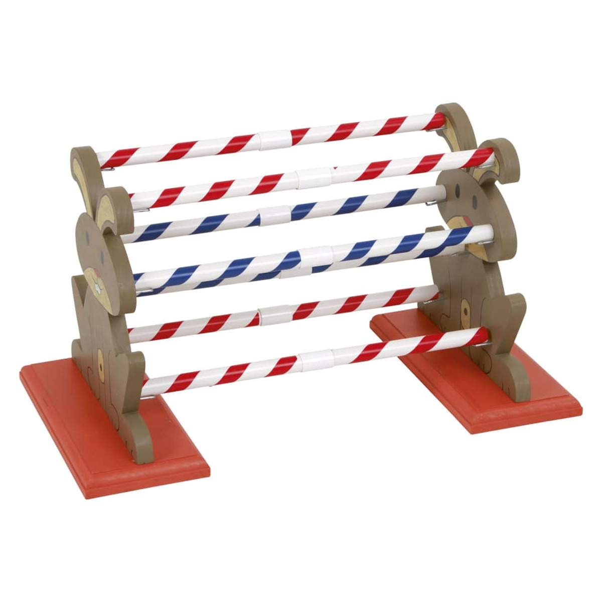 Giocattolo in legno con barre a strisce rosse/bianche e blu/bianche. Supporti a forma di orso marrone sostengono le barre su basi arancioni.