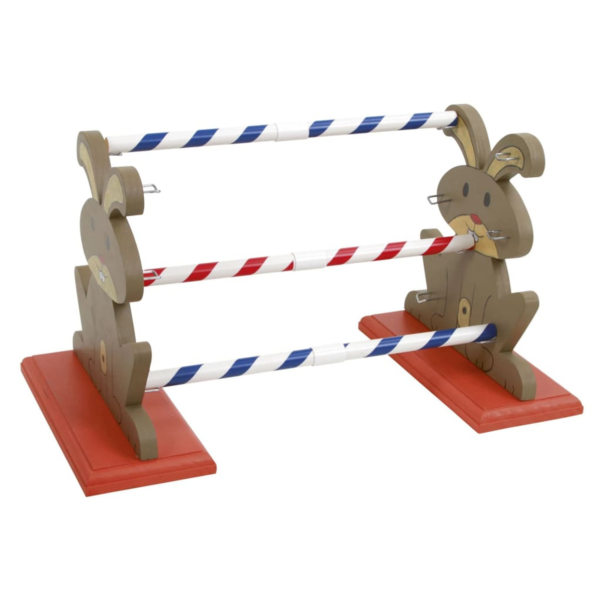 Salto a tema coniglietto in legno con barre a strisce rosse e blu e due sagome di conigli.