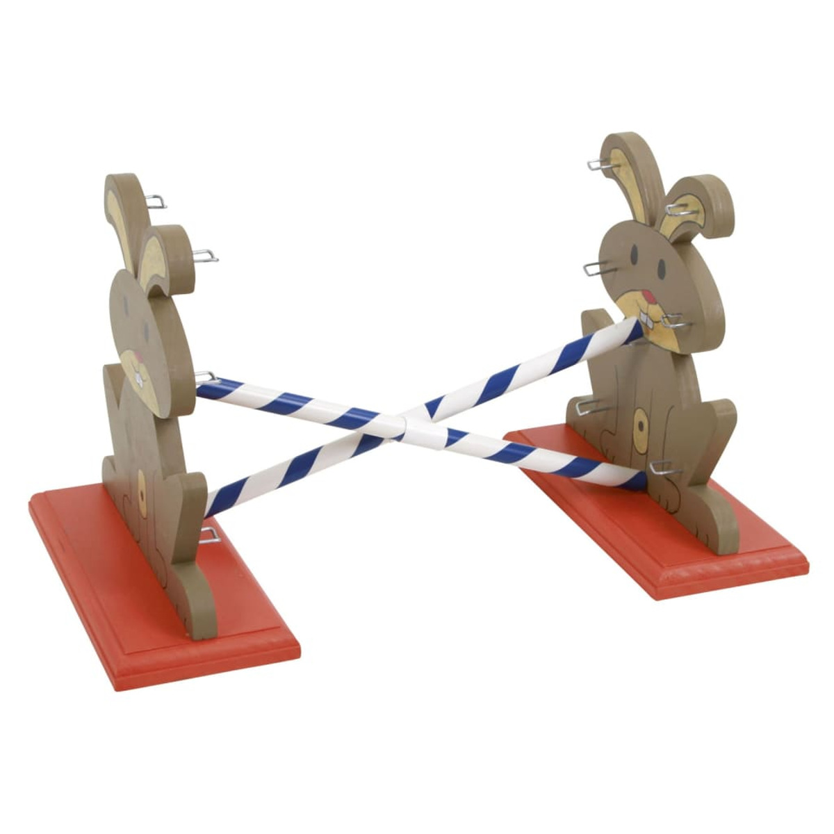 Ostacolo a forma di coniglietto in legno con barra a strisce blu e bianche, posizionato su basi rosse, per l'agility.