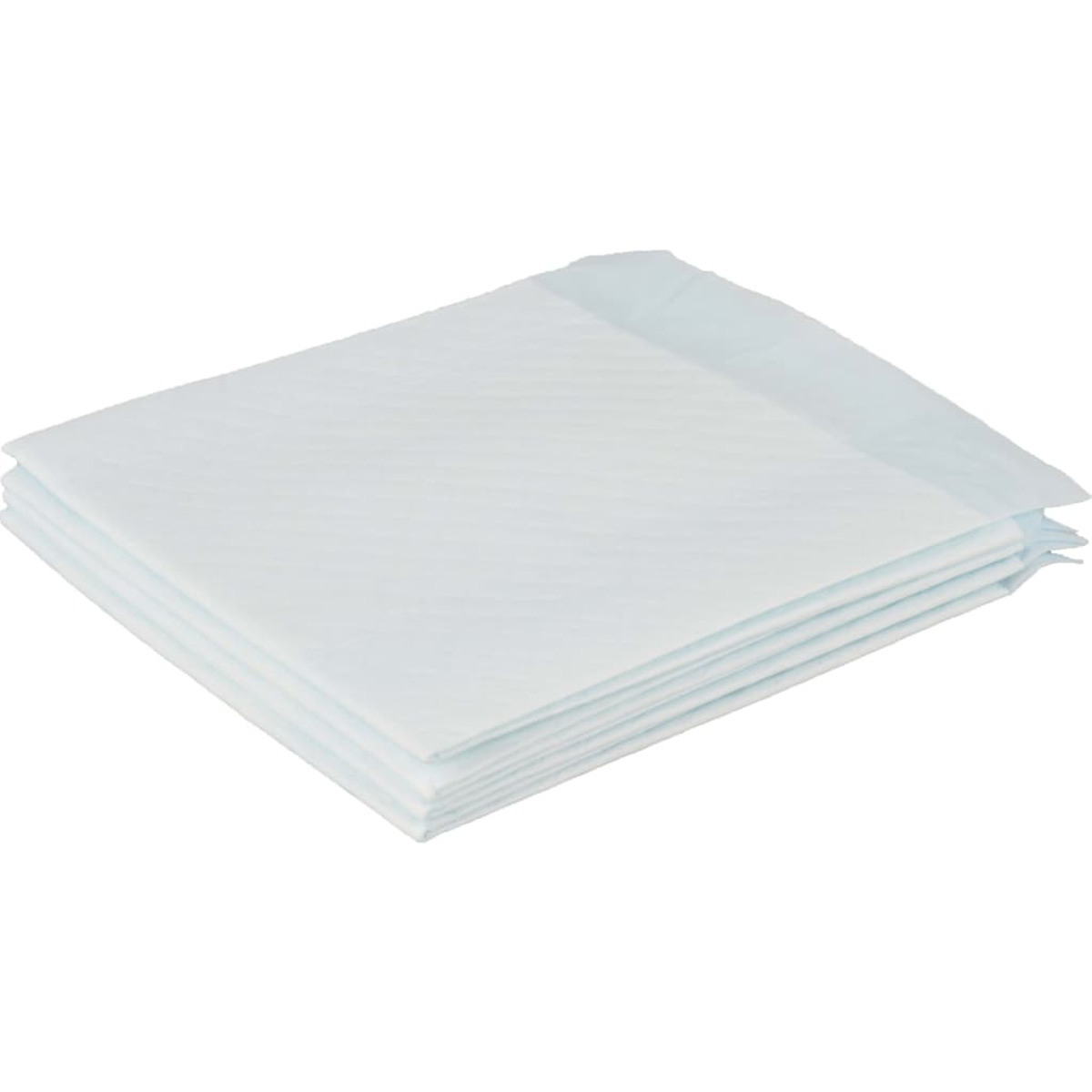 Ein Stapel von drei weißen saugfähigen Pads mit einer blauen Schicht oben, angeordnet auf einer weißen Oberfläche.