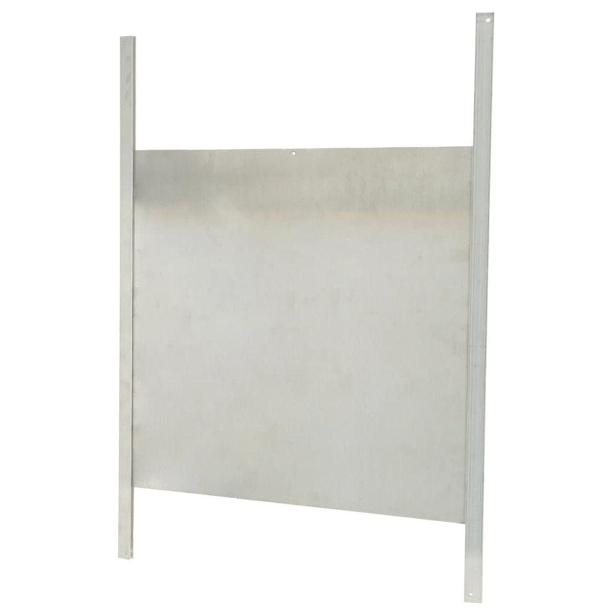 Pannello in metallo argentato con due supporti verticali, isolato.
