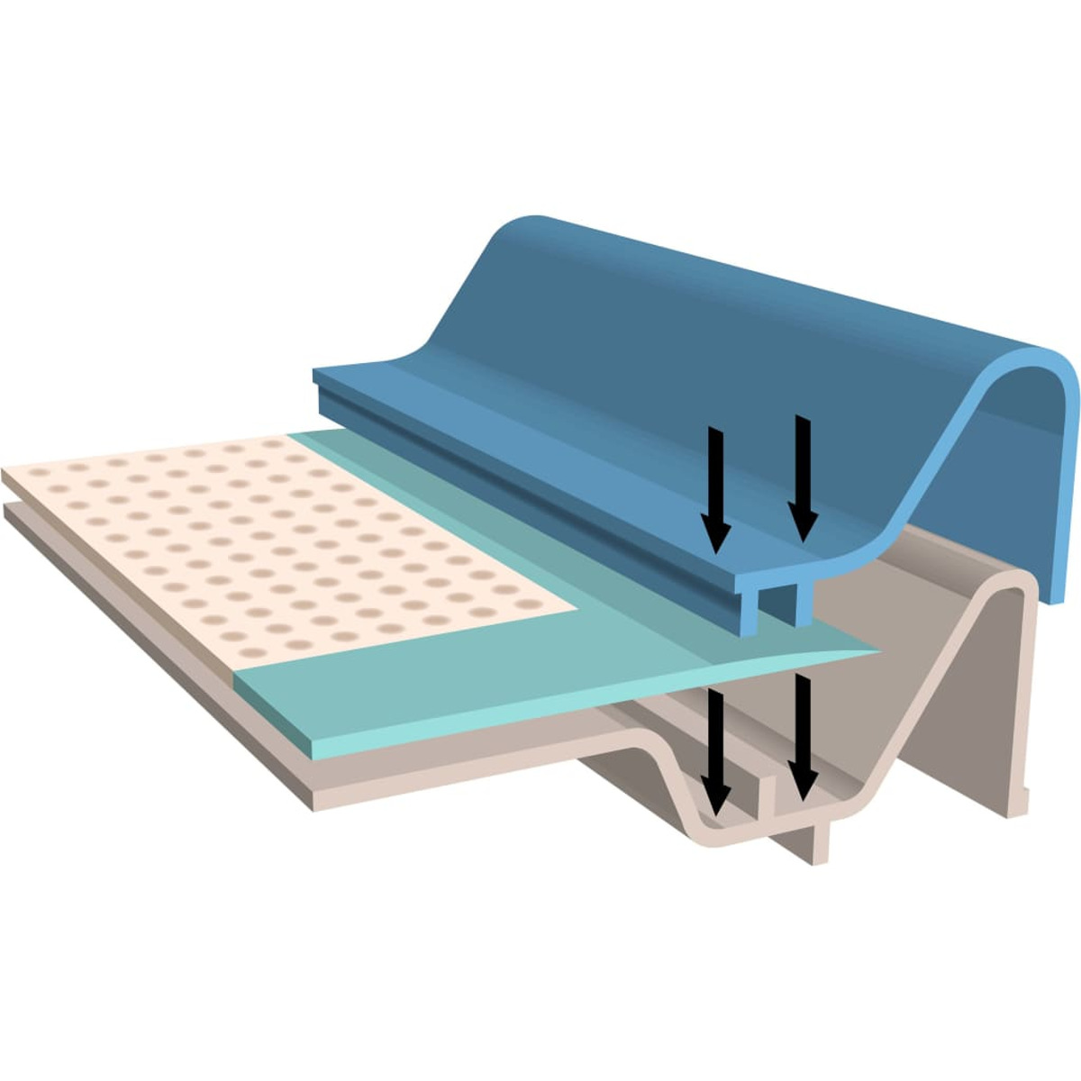 Diagramm einer Konstruktion mit Materialschichten und nach unten zeigenden Pfeilen.
