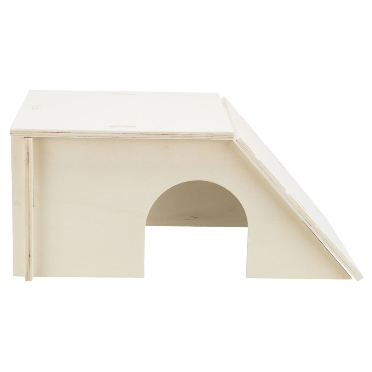Holzhaus für Kleintiere mit einem Eingang und einer Rampe, auf Weiß.
