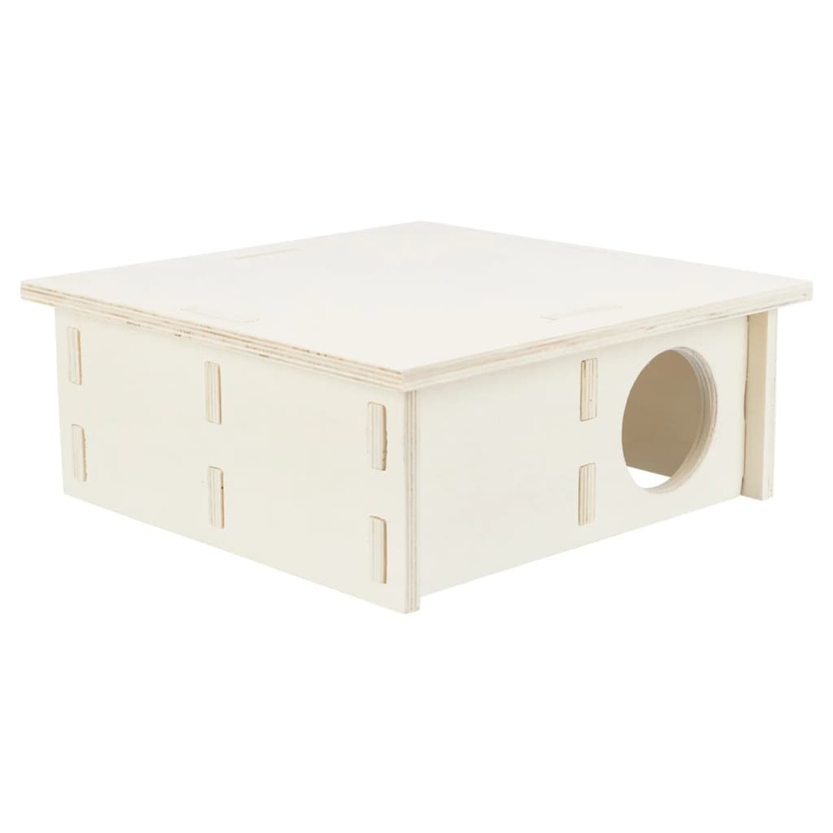 Scatola di legno con un foro circolare sul lato.