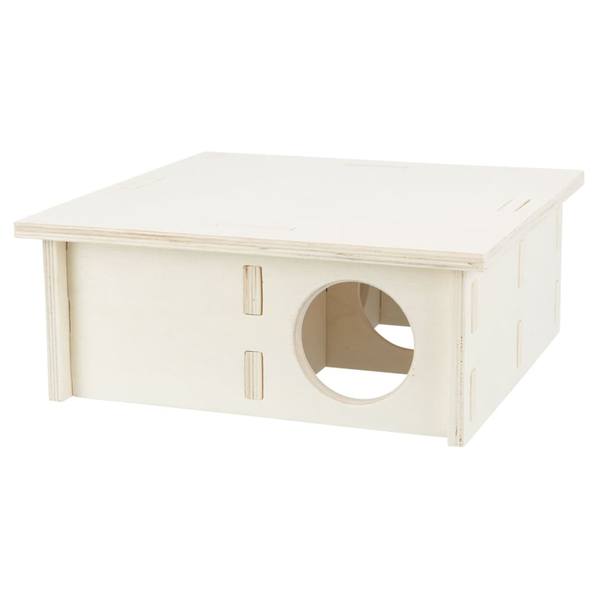 Casa per criceti in legno. Forma rettangolare con foro d'ingresso e ritagli.