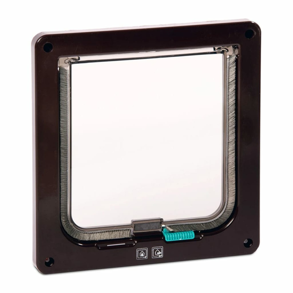 Braune Haustiertür mit transparentem Klappdeckel und Bürstenfutter.