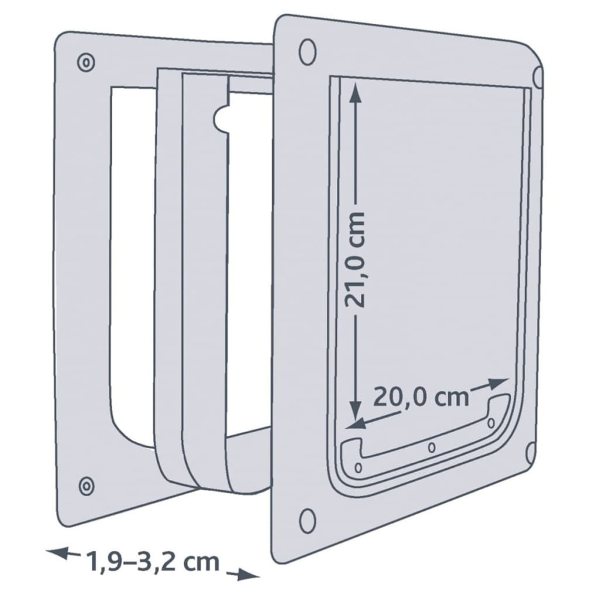 Una puerta para gatos gris con dimensiones y medidas etiquetadas en el marco.