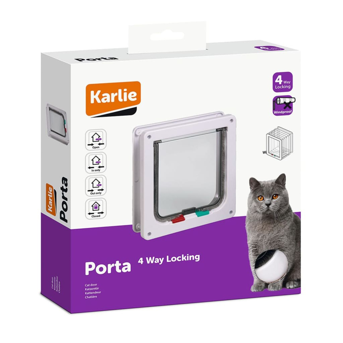 Weiße und lila Haustiertürbox mit einer Katze auf der Seite.