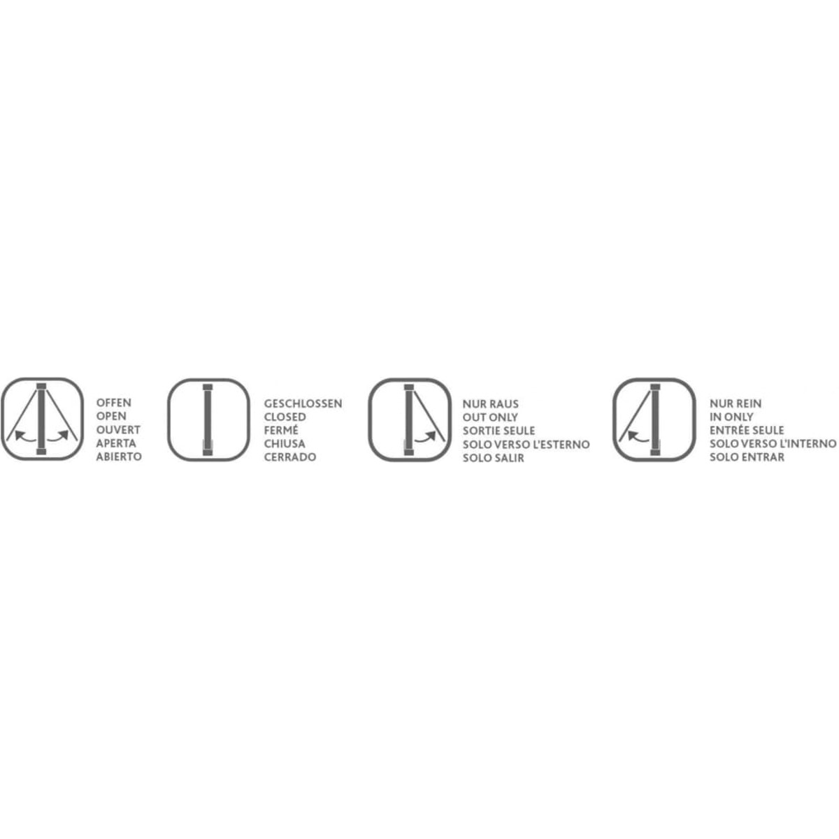 Vier Symbole, die Türzustände darstellen: offen, geschlossen, raus und rein. Jeder hat Text.