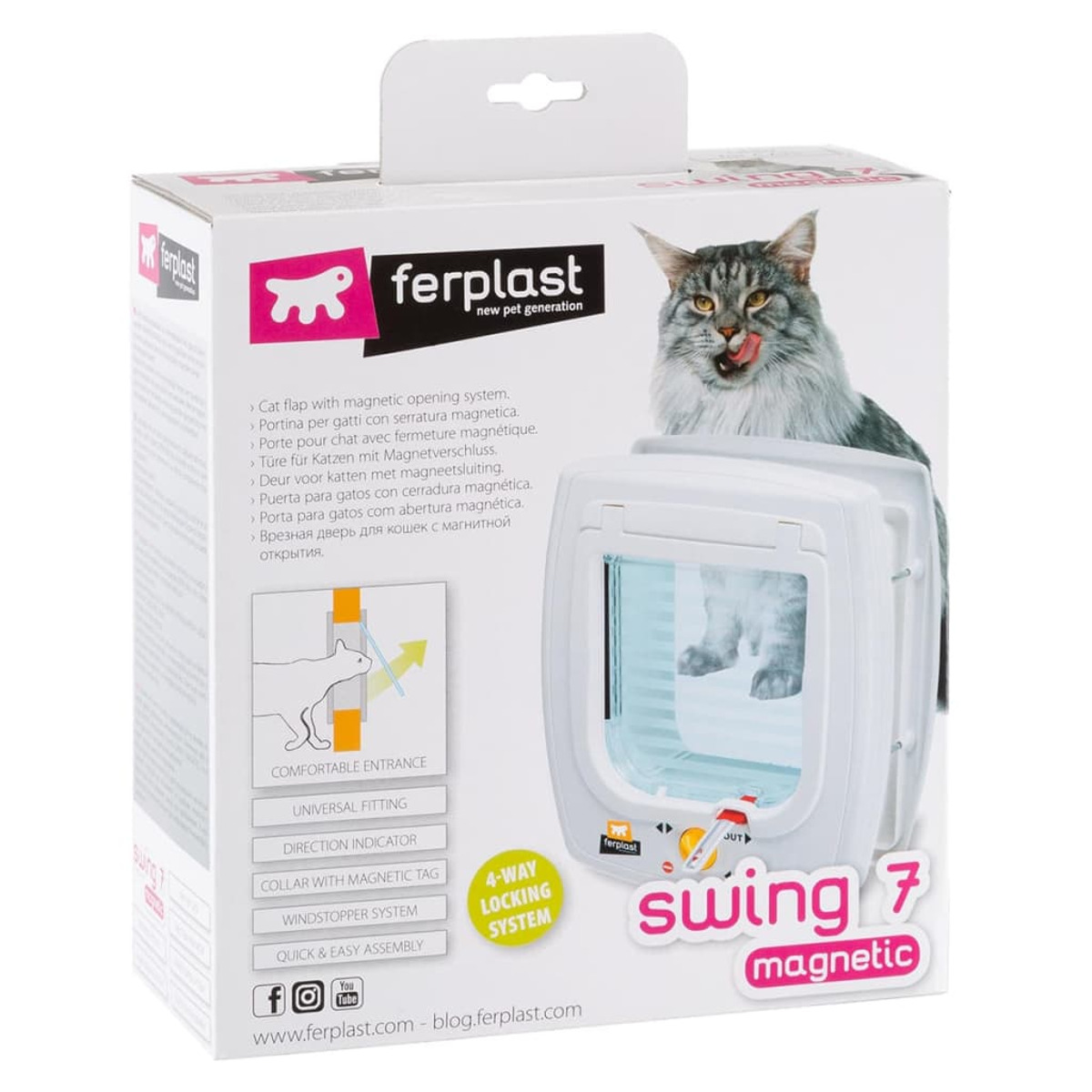 Katzenklappe in einer Box, zeigt eine Katze mit herausgestreckter Zunge. Die Klappe ist weiß.