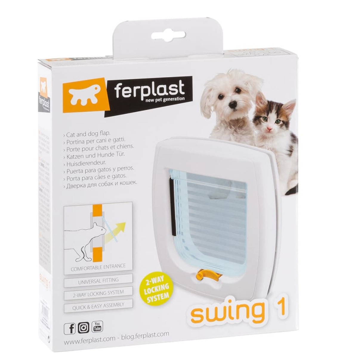 Eine Box mit einem Haustiertürbild, das eine Katze und einen Hund sowie Text zeigt.