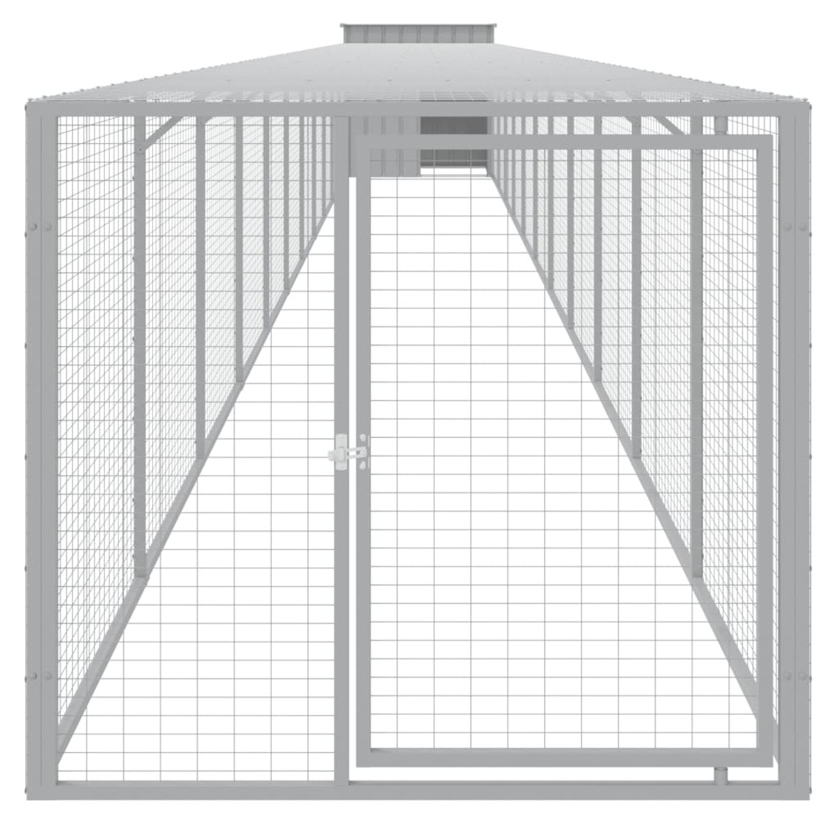 Ein grauer Metall-Hühnerstall mit Tür und Drahtgeflechtwänden und -dach auf weißem Hintergrund.