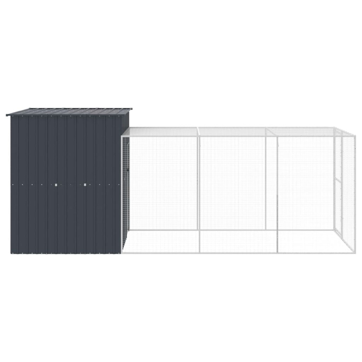 Draufsicht auf einen grauen Außenkennel mit einem grauen Schuppen auf der linken Seite.