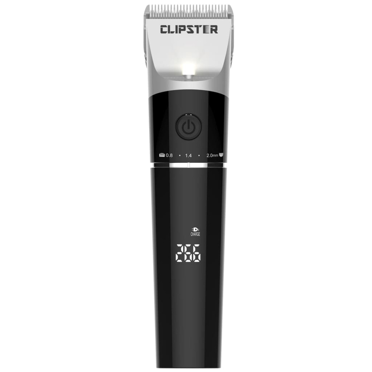 Un tagliacapelli nero e argento con display digitale e il marchio 'CLIPSTER'.