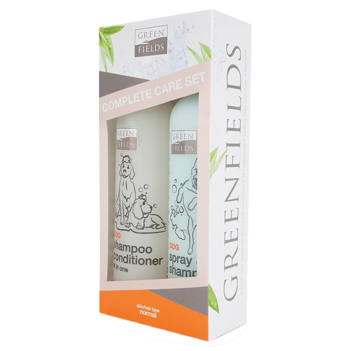 Scatola di shampoo e balsamo per cani con immagini di cani, nomi dei prodotti ed etichetta del marchio.