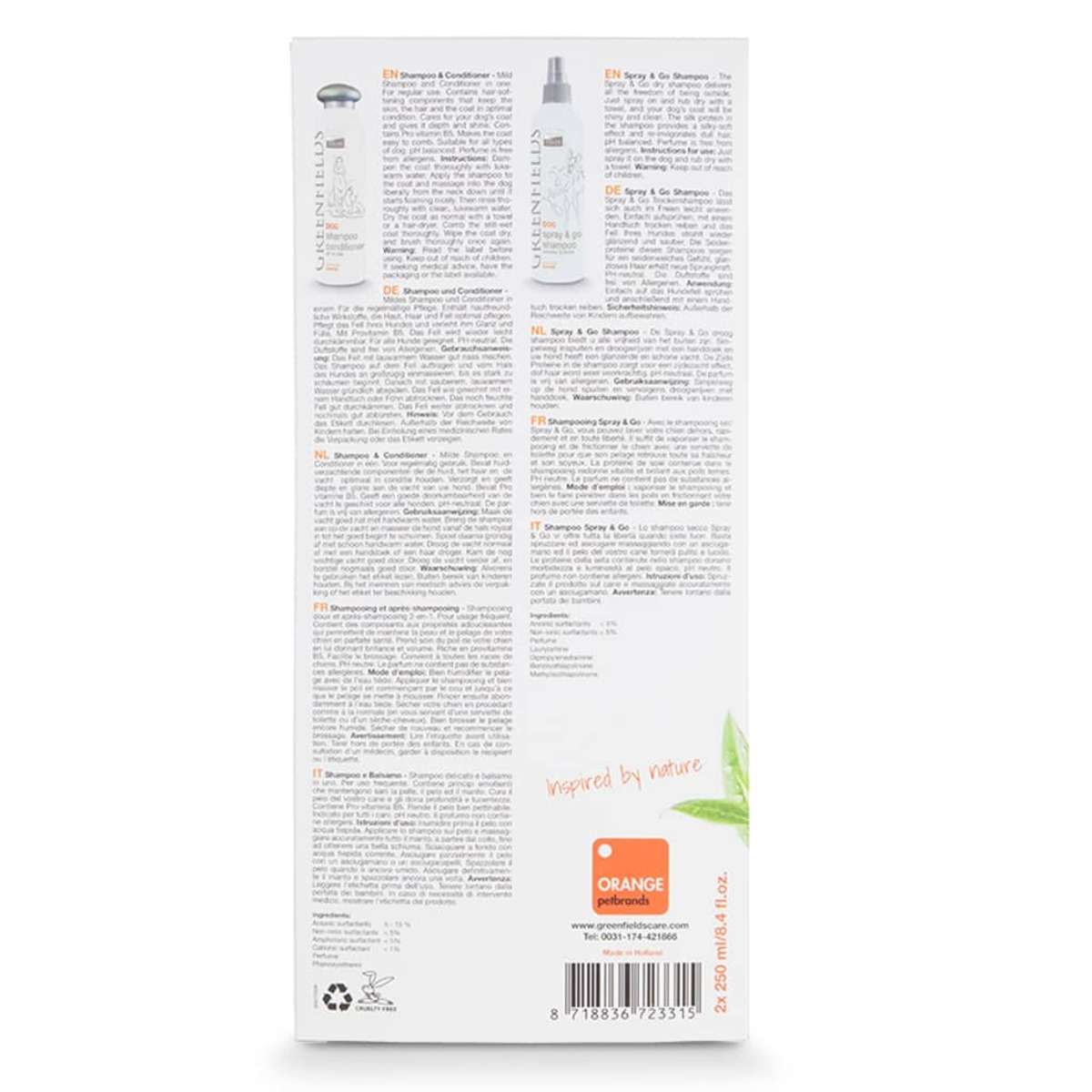 Scheda informativa del prodotto per shampoo e spray per animali domestici, con testo e immagini.