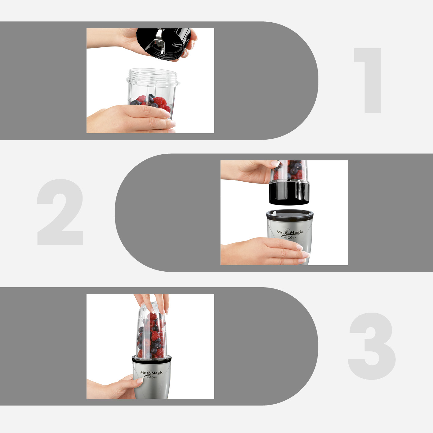 Eine dreistufige Sequenz, die die Zubereitung eines Smoothies mit einem Mr. Magic-Mixer zeigt.