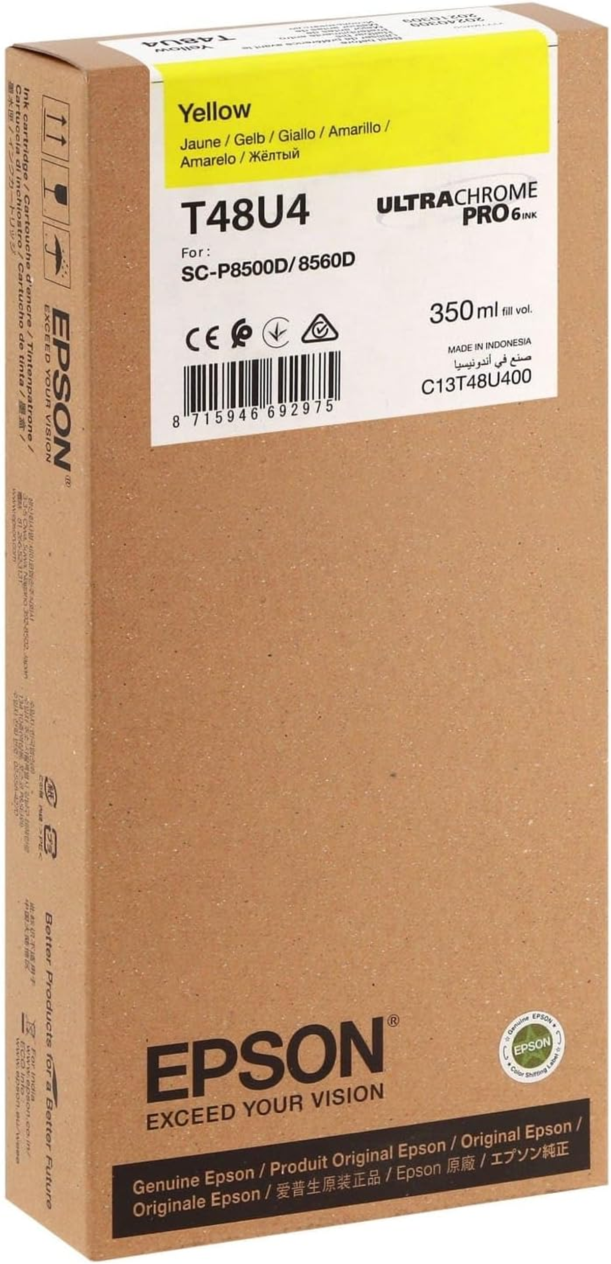 Żółte pudełko z wkładem atramentowym. Marka Epson. Pojemność tuszu 350 ml.