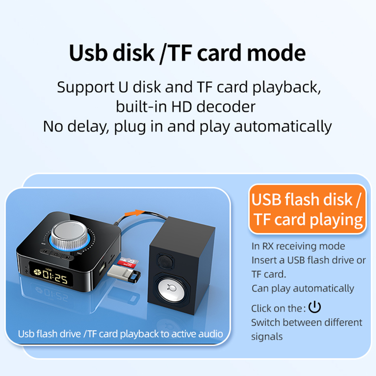 Diagramm eines USB-Festplatten-/TF-Kartenmodus, mit einem schwarzen Audiogerät, einem Lautsprecher und Texterklärungen.