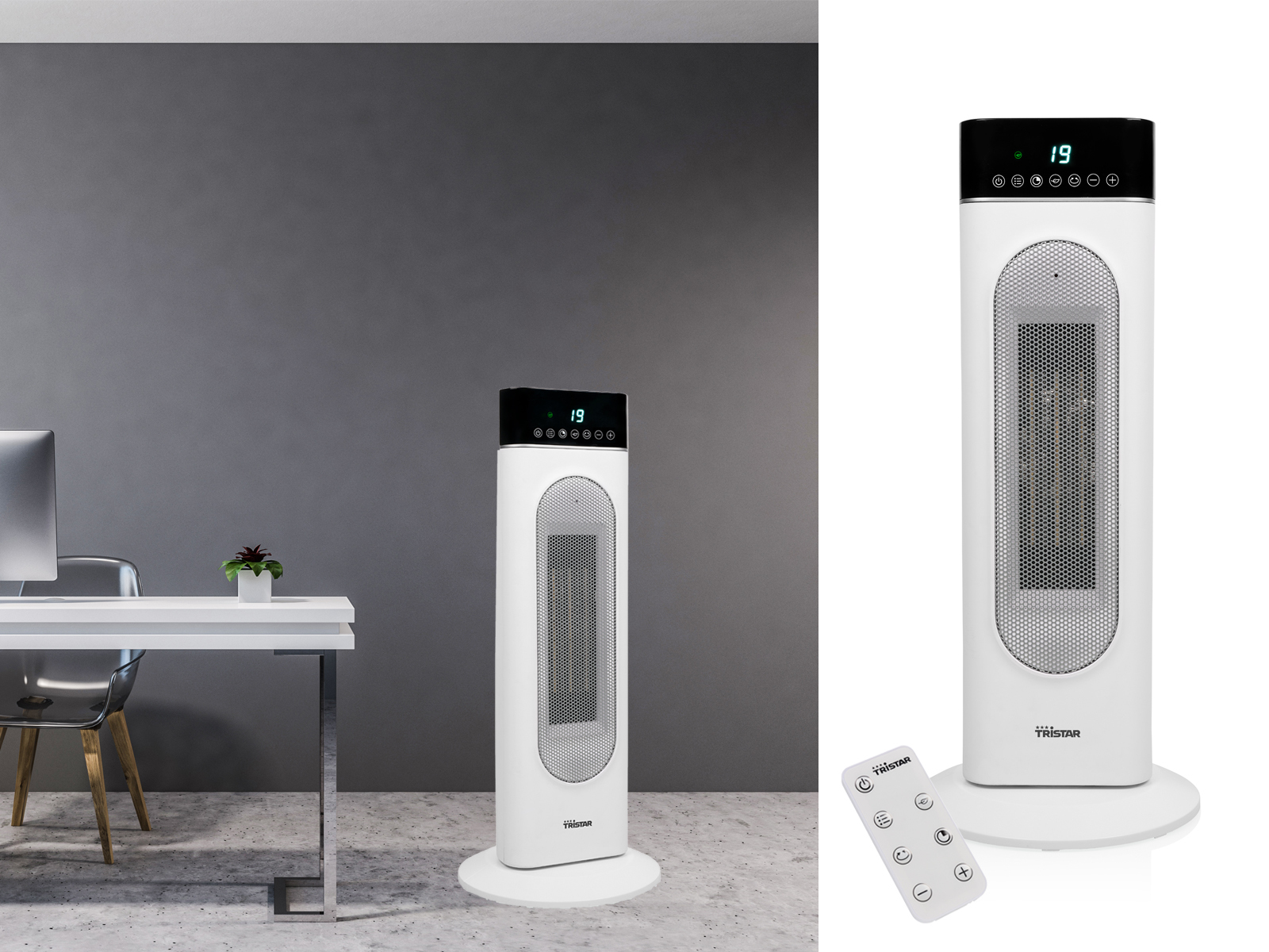 Biały grzejnik wieżowy z wyświetlaczem cyfrowym. Pilot po prawej stronie. Otoczenie biurowe z biurkiem i ścianą.