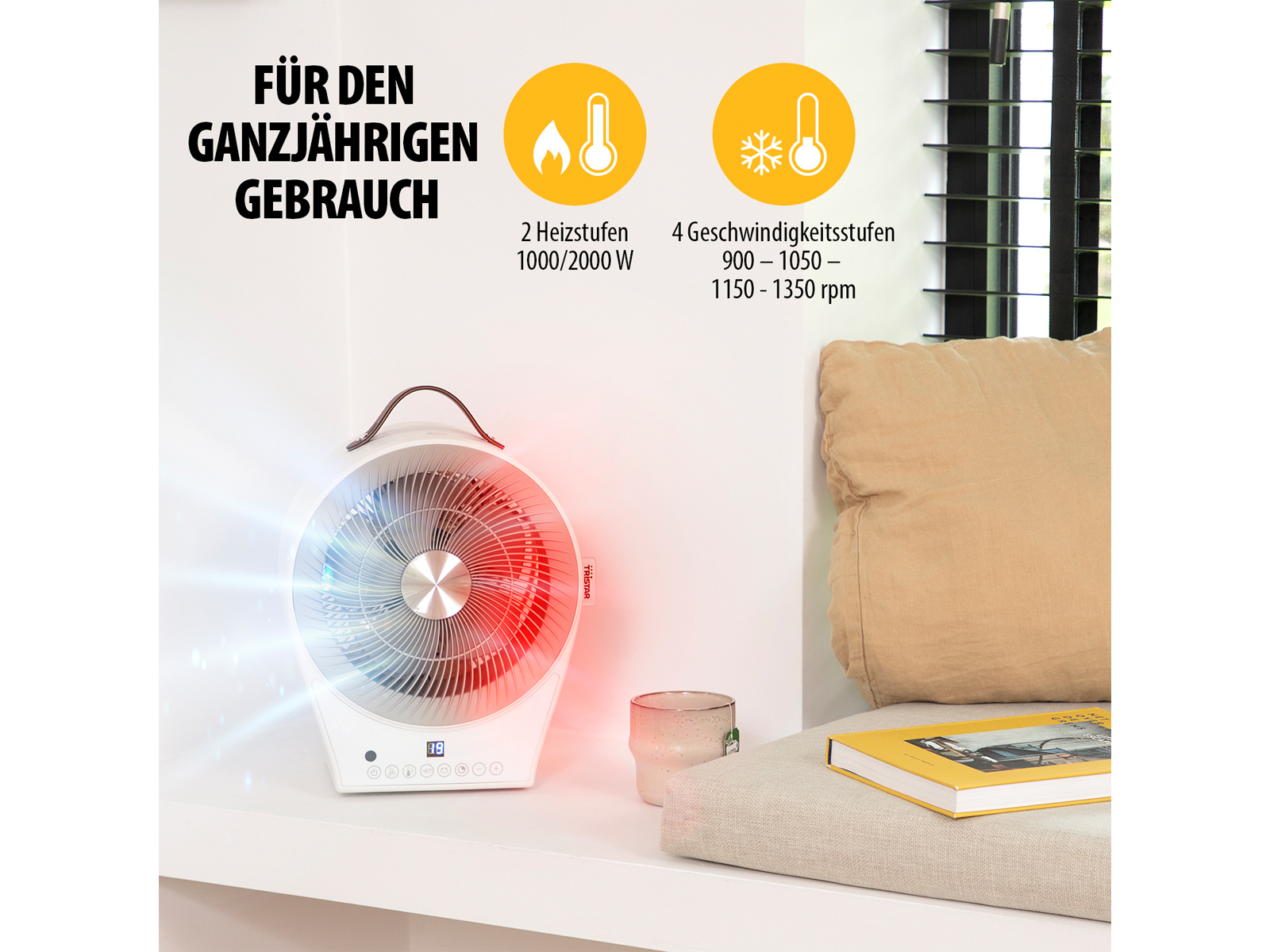 Ventilador blanco con luz roja, panel de control y asa marrón. Texto e iconos presentes.