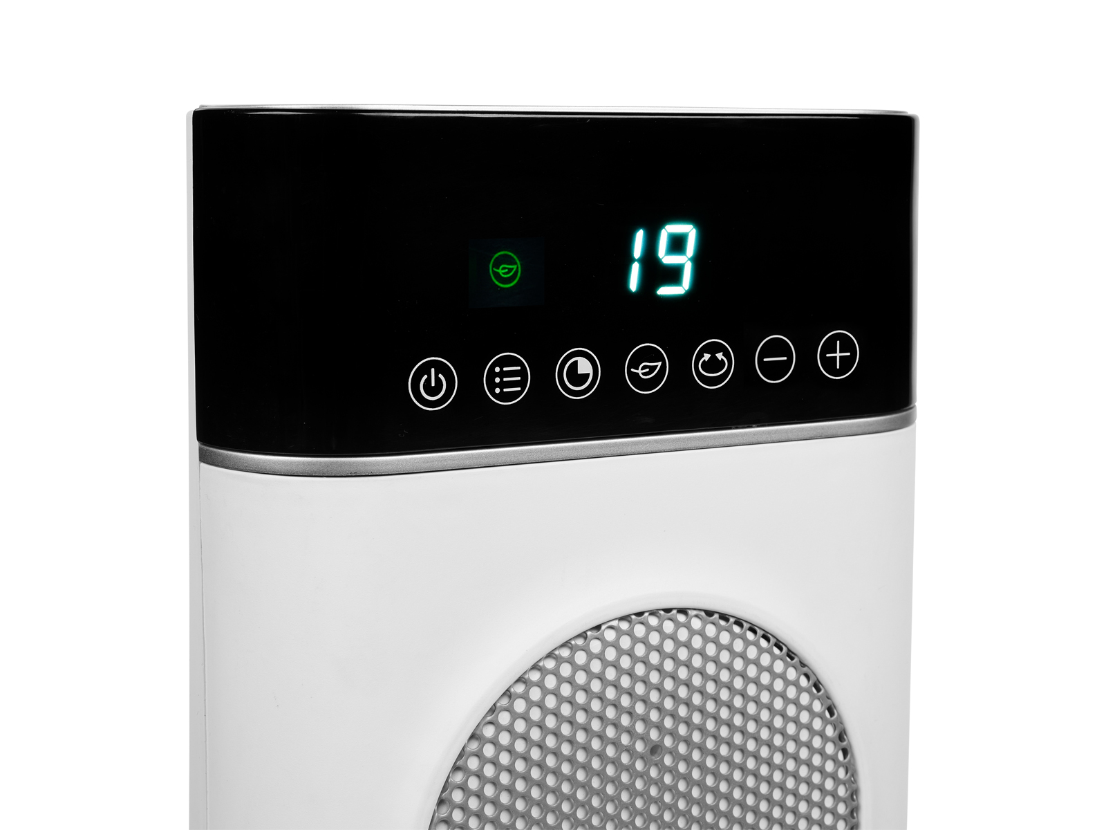 Biało-czarne urządzenie z cyfrowym wyświetlaczem pokazującym liczbę 19.