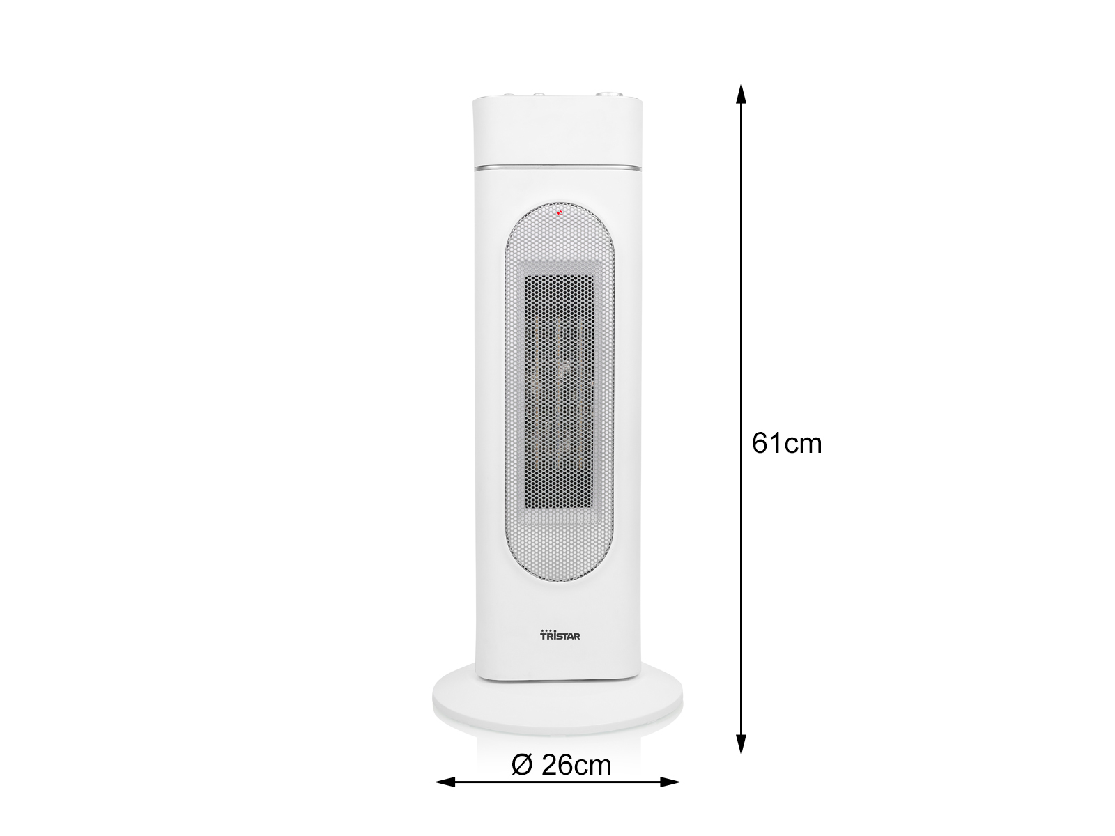 Witte torenverwarming met afmetingen. Hoge, cilindrische vorm. Modern design, geïsoleerd.