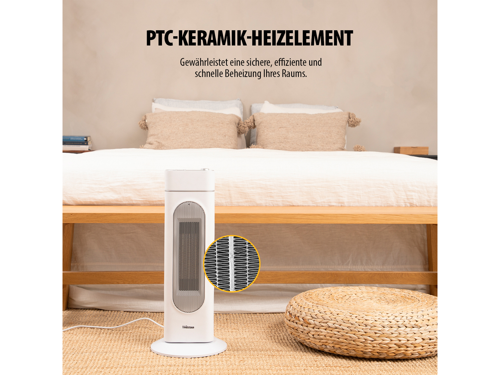 Witte verwarming met ventilator voor een bed. Tekst: 'PTC-KERAMIK-HEIZELEMENT'.