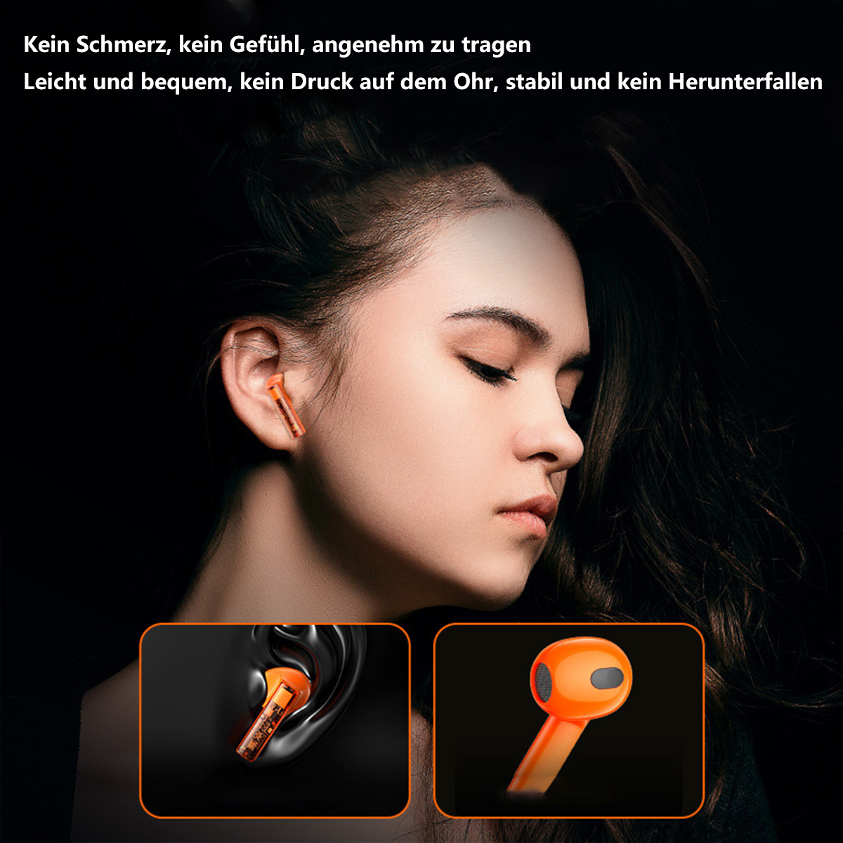 BYTELIKE Bluetooth-Headset Transparentes Fach Kabelloses In-ear binaurales orange Gaming-Headset Latenz, geringer TWS mit Bluetooth-Kopfhörer