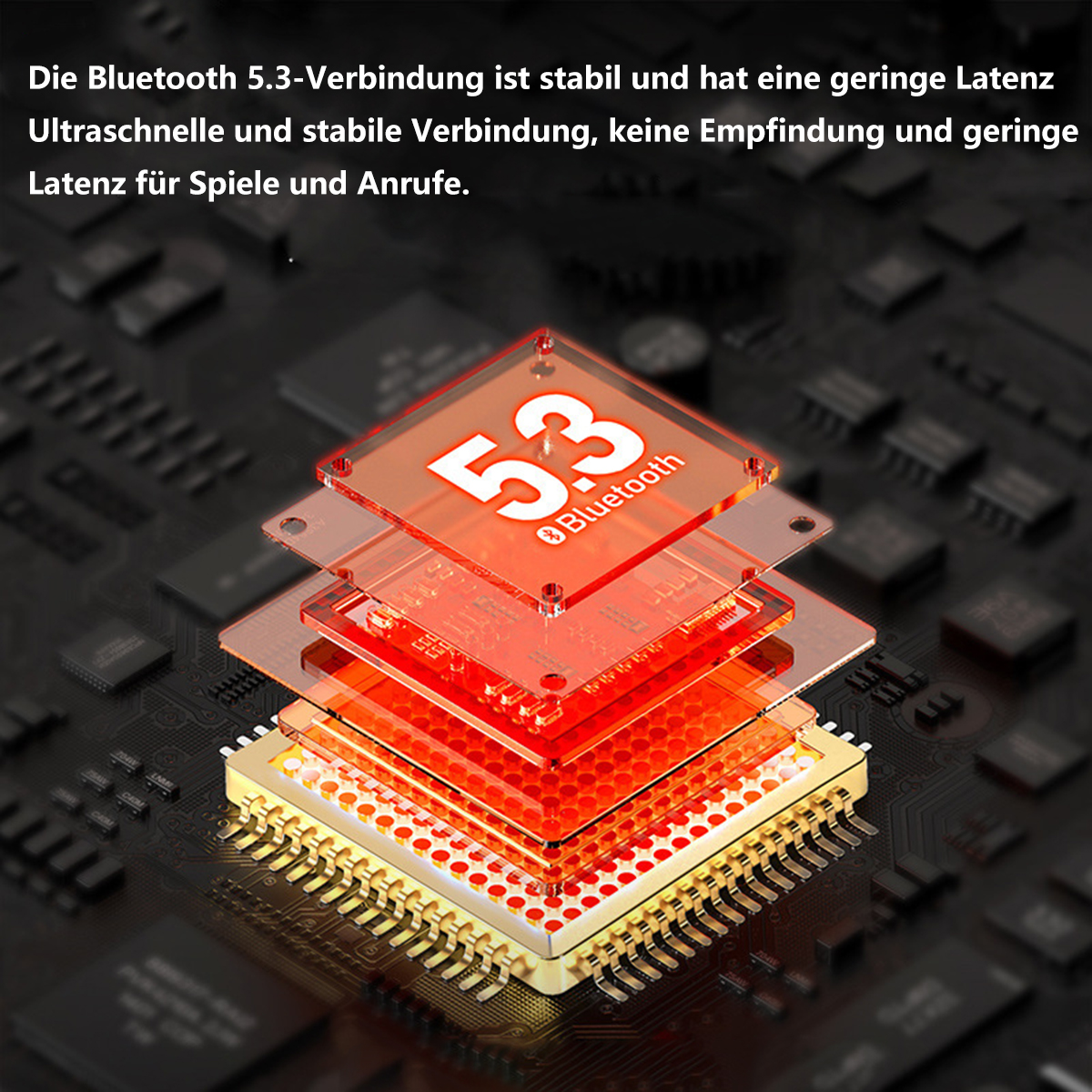 Circuito electrónico con Bluetooth 5.3 en el centro, con texto sobre latencia.