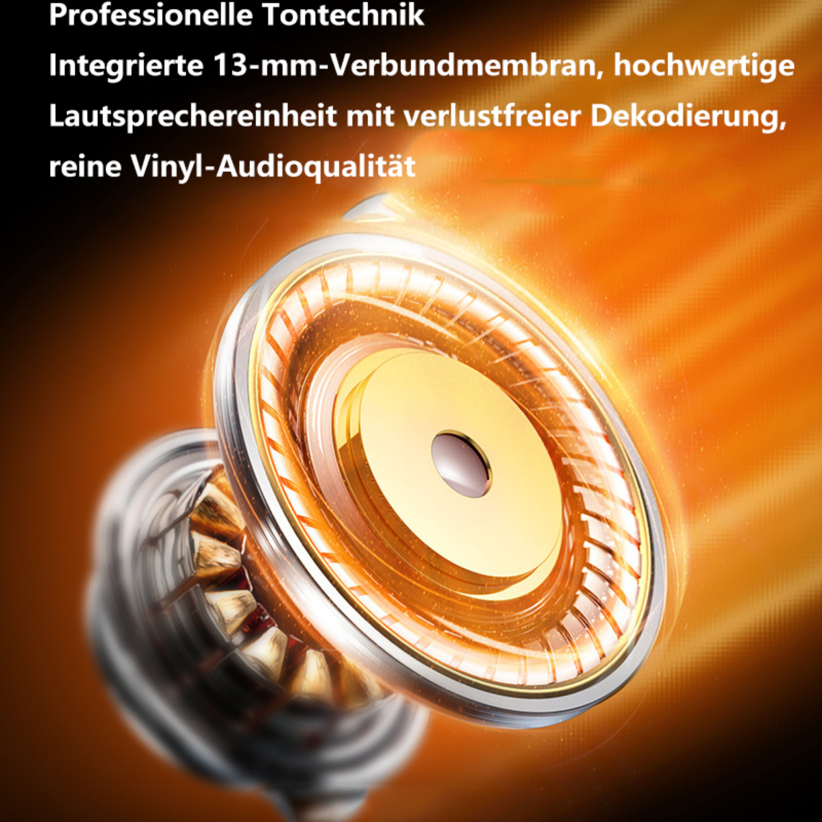 Detalles de auriculares, primer plano. Elementos dorados y blancos. Fondo degradado naranja.