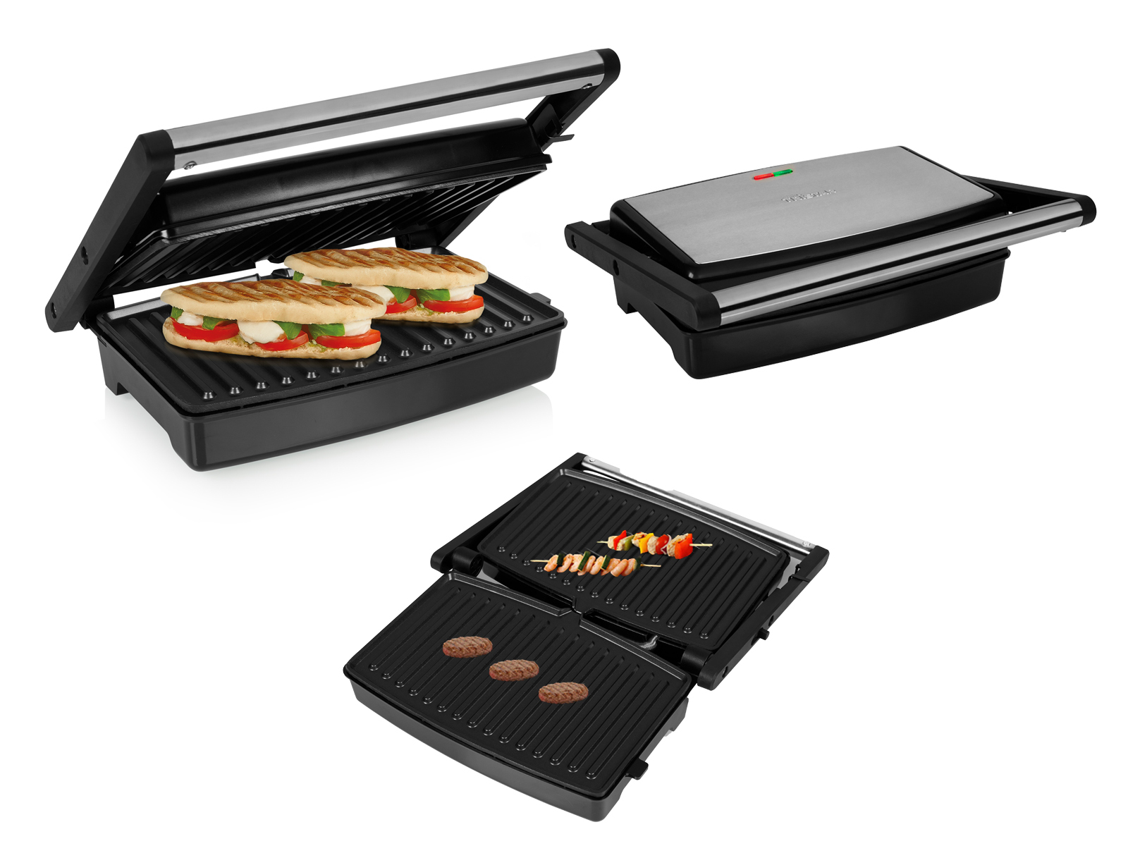 Drei Bilder eines Panini-Grills: offen mit Sandwiches, geschlossen und mit gegrillten Kebabs und Burgern.