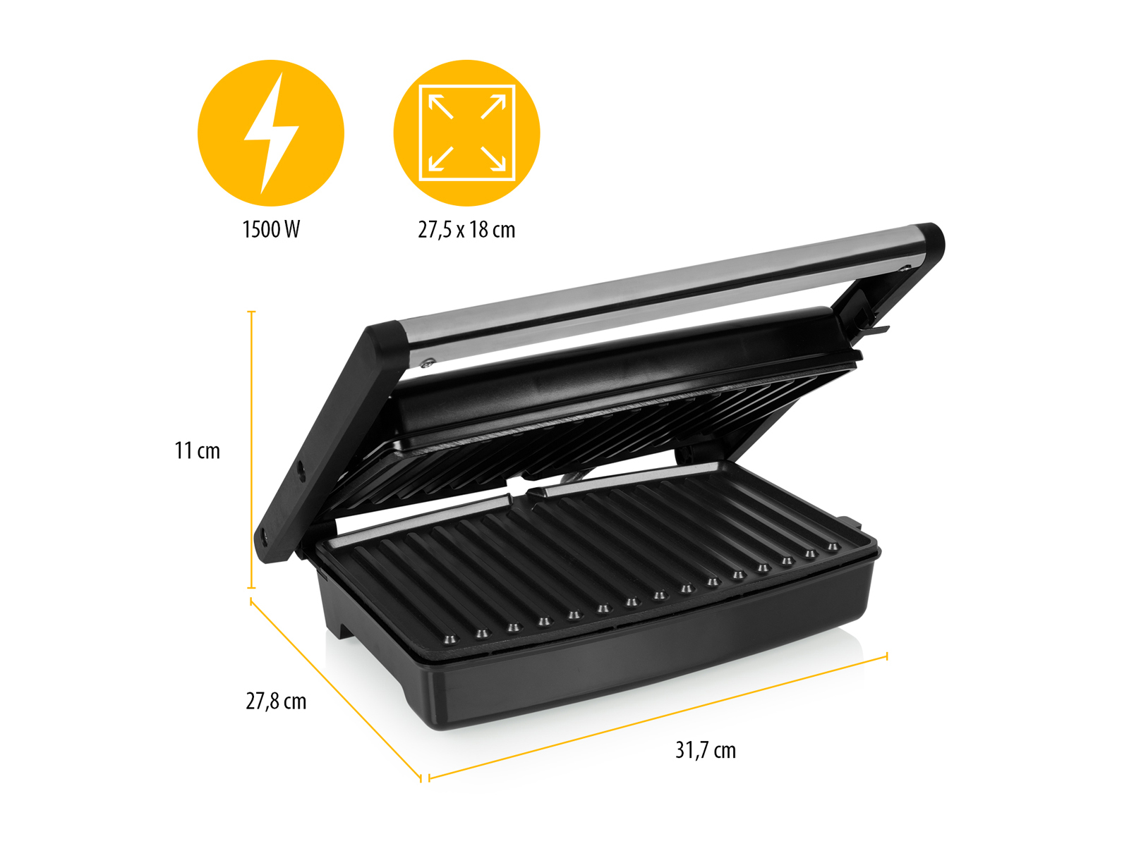 Schwarze Panini-Presse mit Abmessungen, gelben Linien und Textdetails.