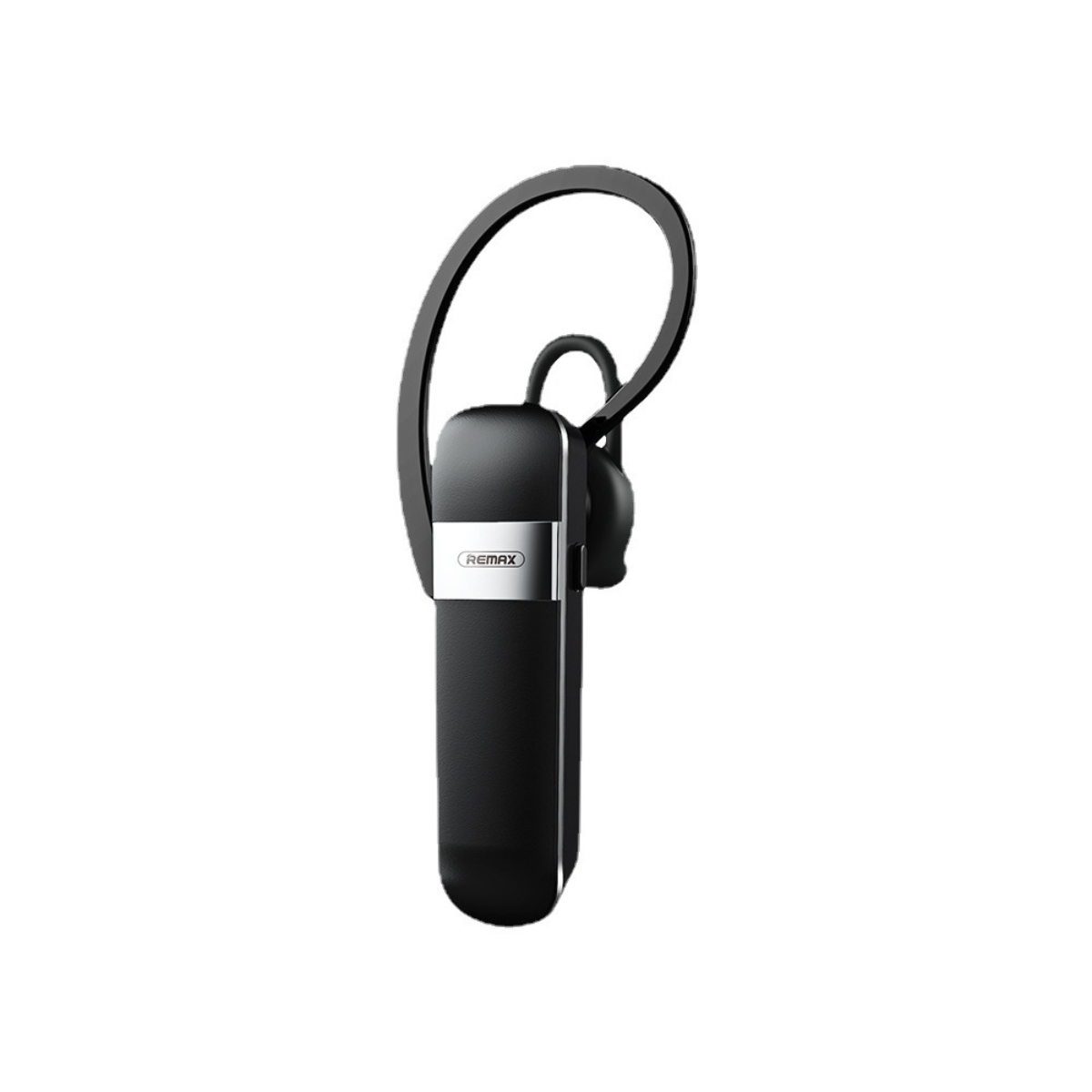 Schwarzes Bluetooth-Headset. Gebogener Ohrbügel, schwarz und silber.