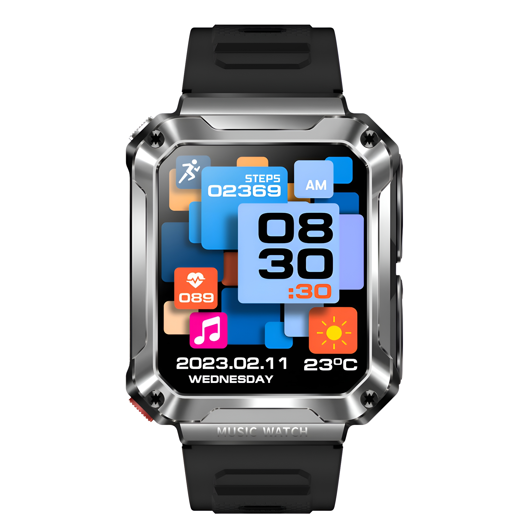 Smartwatch auf weißem Hintergrund. Zeigt Datum, Uhrzeit und andere Daten an. Schwarzes Armband.