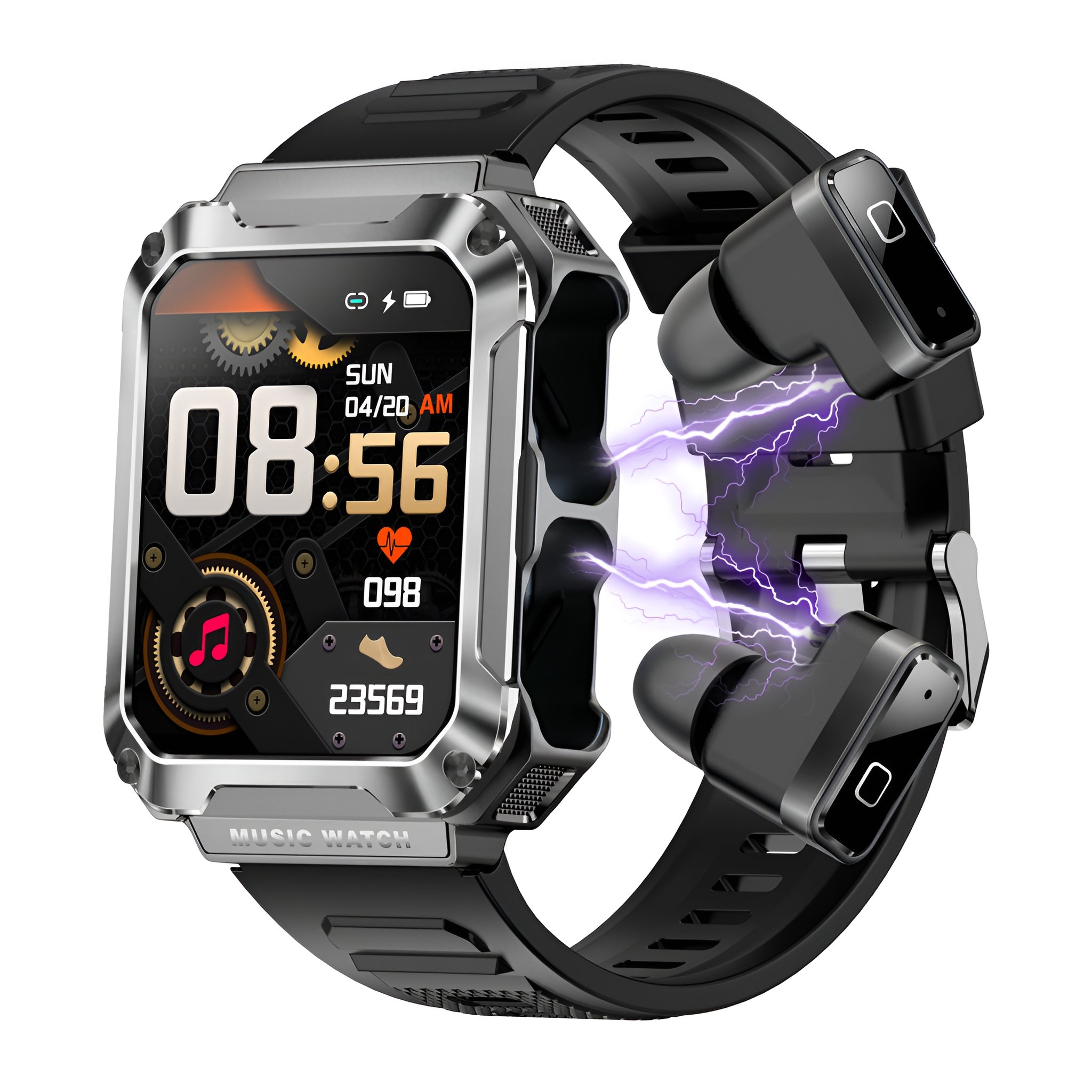 Eine Smartwatch mit daran befestigten Ohrhörern, mit lilafarbenen, stromähnlichen Linien dazwischen. Weißer Hintergrund.