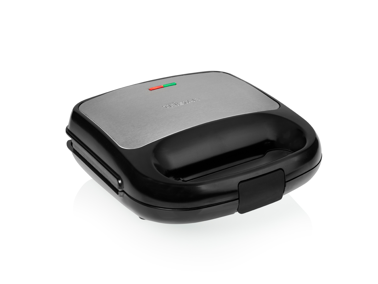 Schwarz-silberner Sandwichmaker, geschlossen. Rote und grüne Lichter oben.
