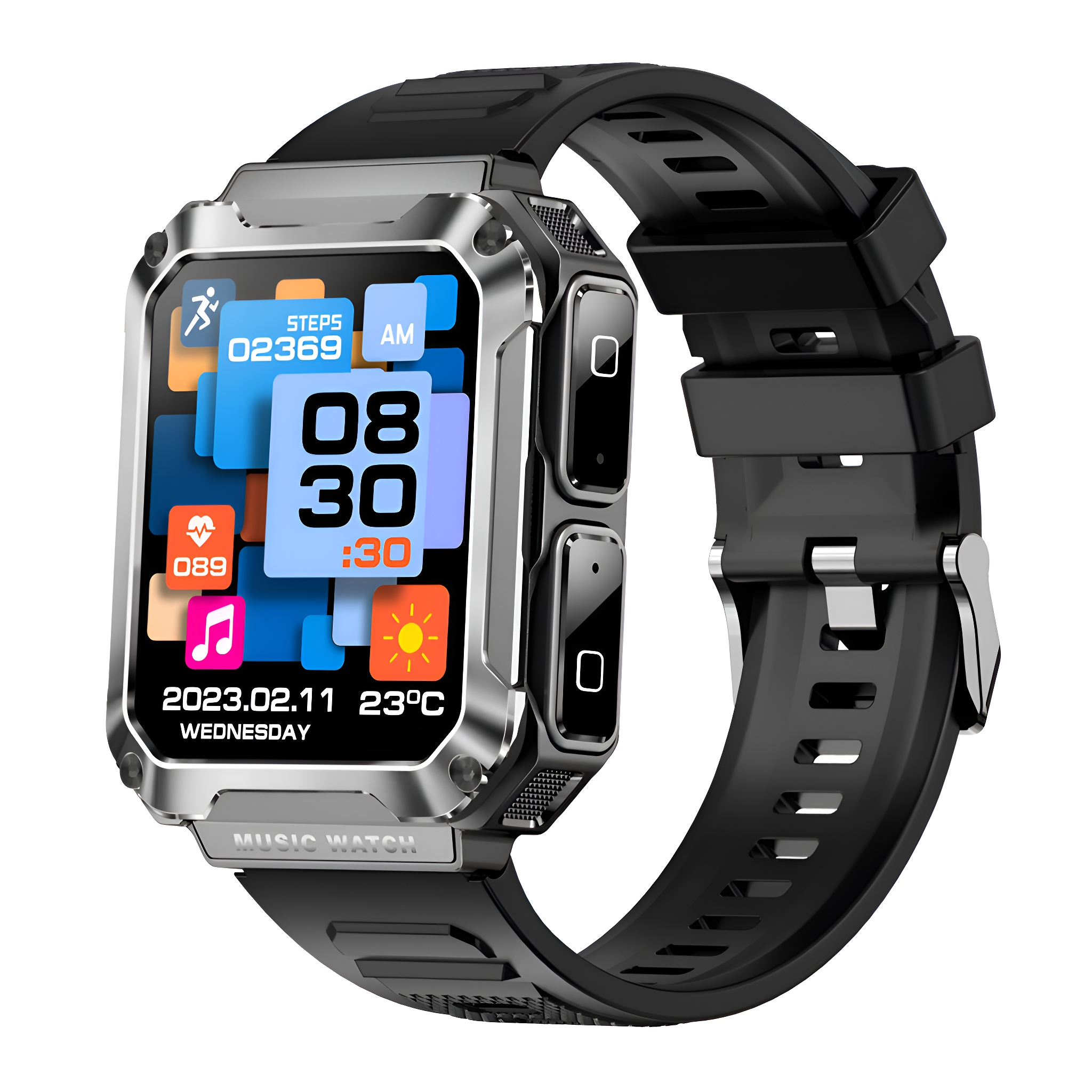 Eine schwarz-silberne Musik-Smartwatch. Der Bildschirm zeigt Zeit, Datum, Akku und Aktivitätsmetriken an.
