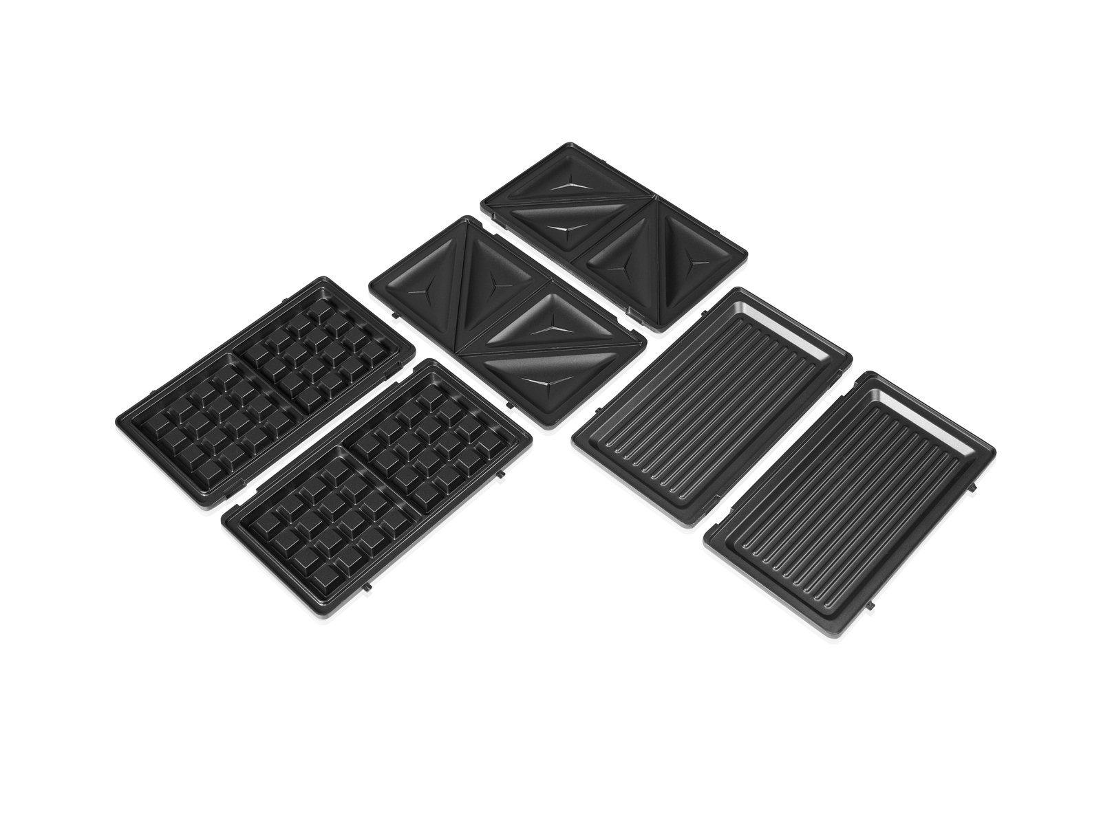 Waffeleisenplatten in verschiedenen Formen. Zwei Waffel-, zwei Sandwich- und zwei Grillplatten.